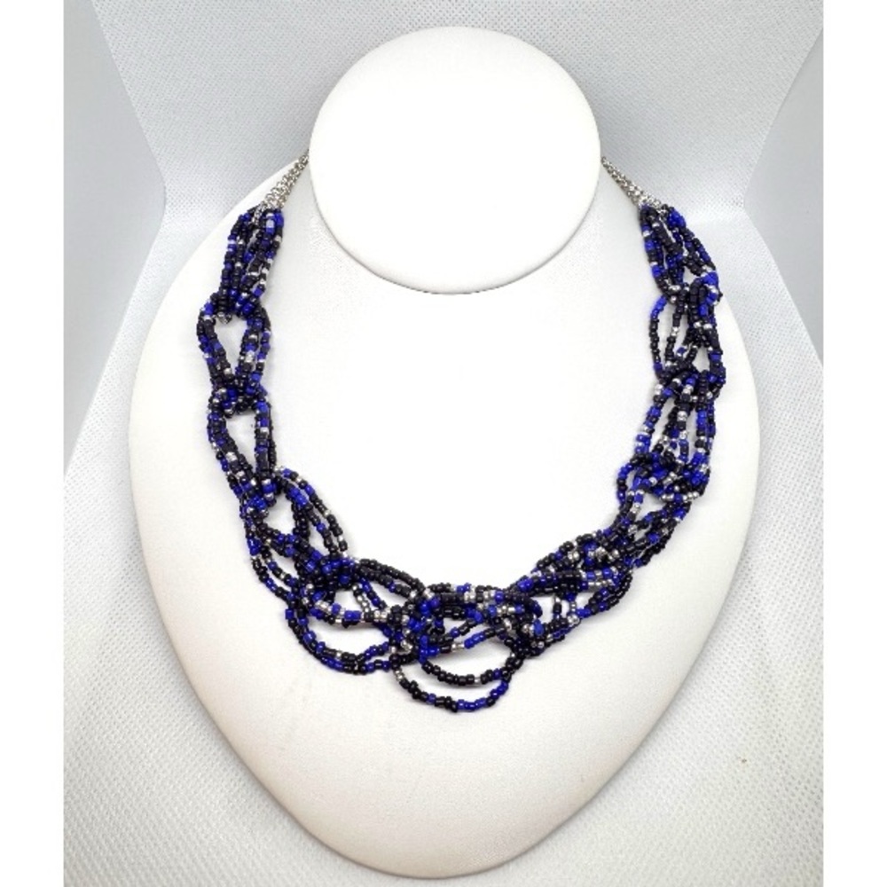 Blue and Silver Woven Seed Bead Necklace